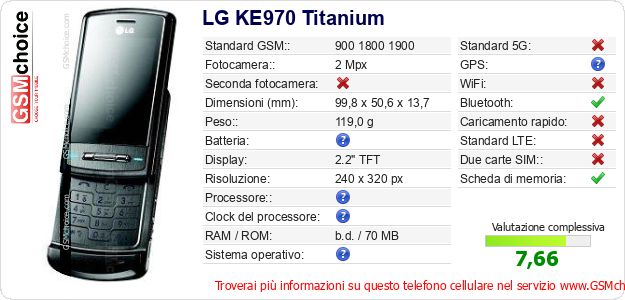 LG KE970 Titanium Dati tecnici di telefono cellulare 