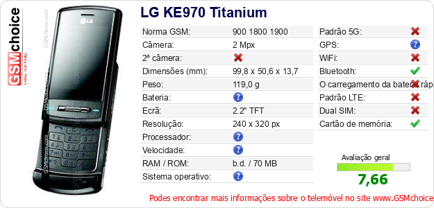 LG KE970 Titanium Especificações técnicas do telemóvel 