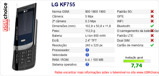 LG KF755 Especificações técnicas do telemóvel 