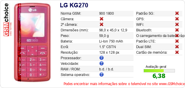 LG KG270 Especificações técnicas do telemóvel 