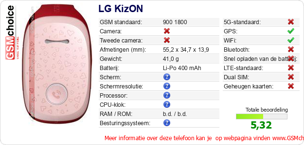 LG KizON Technische gegevens LG KizON Technische gegevens