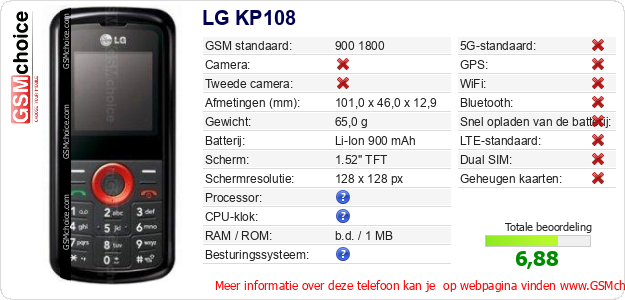 LG KP108 Technische gegevens  LG KP108 Technische gegevens