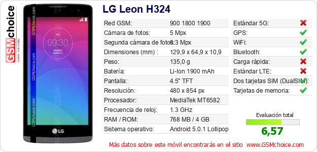 LG Leon H324 Datos técnicos del móvil LG Leon H324 Datos técnicos del móvil