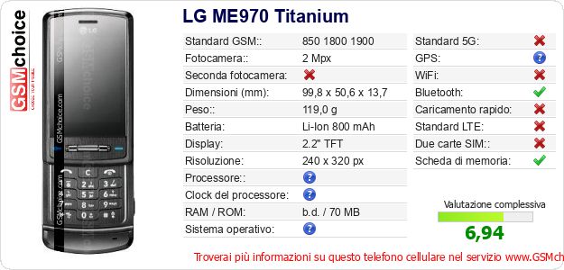 LG ME970 Titanium Dati tecnici di telefono cellulare LG ME970 Titanium Dati tecnici di telefono cellulare