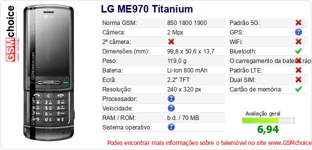 LG ME970 Titanium Especificações técnicas do telemóvel LG ME970 Titanium Especificações técnicas do telemóvel