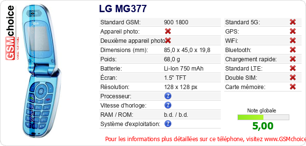 LG MG377 Fiche technique LG MG377 Fiche technique