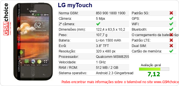 LG myTouch Especificações técnicas do telemóvel 