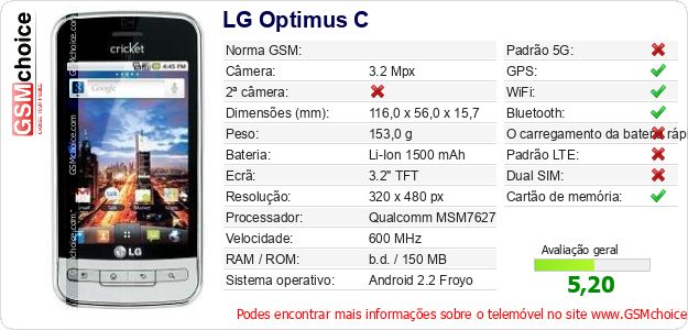 LG Optimus C Especificações técnicas do telemóvel LG Optimus C Especificações técnicas do telemóvel