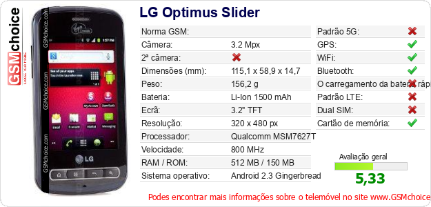 LG Optimus Slider Especificações técnicas do telemóvel 
