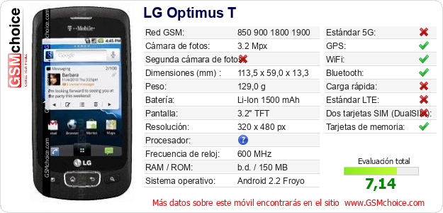 LG Optimus T Datos técnicos del móvil 