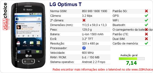 LG Optimus T Especificações técnicas do telemóvel 