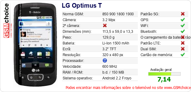 LG Optimus T Especificações técnicas do telemóvel 