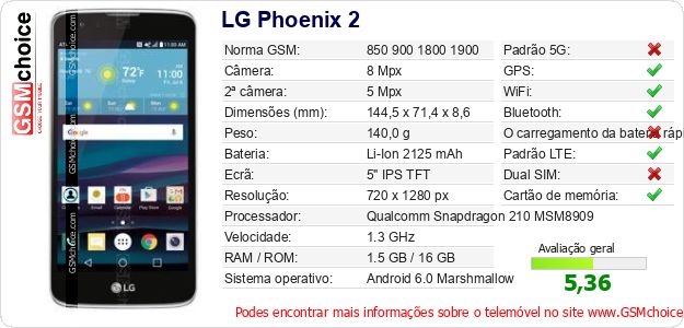 LG Phoenix 2 Especificações técnicas do telemóvel LG Phoenix 2 Especificações técnicas do telemóvel