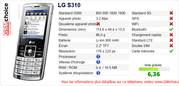 LG S310 Fiche technique