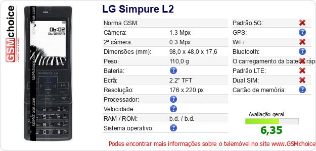 LG Simpure L2 Especificações técnicas do telemóvel LG Simpure L2 Especificações técnicas do telemóvel