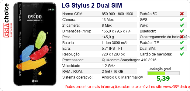 LG Stylus 2 Dual SIM Especificações técnicas do telemóvel 