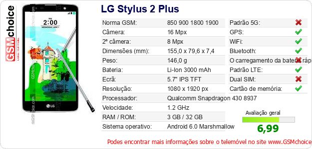 LG Stylus 2 Plus Especificações técnicas do telemóvel LG Stylus 2 Plus Especificações técnicas do telemóvel