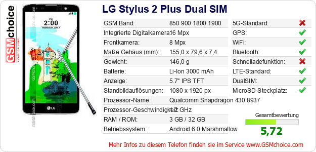 LG Stylus 2 Plus Dual SIM technische Daten LG Stylus 2 Plus Dual SIM technische Daten