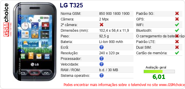 LG T325 Especificações técnicas do telemóvel 