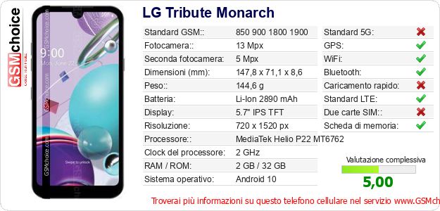 LG Tribute Monarch Dati tecnici di telefono cellulare LG Tribute Monarch Dati tecnici di telefono cellulare