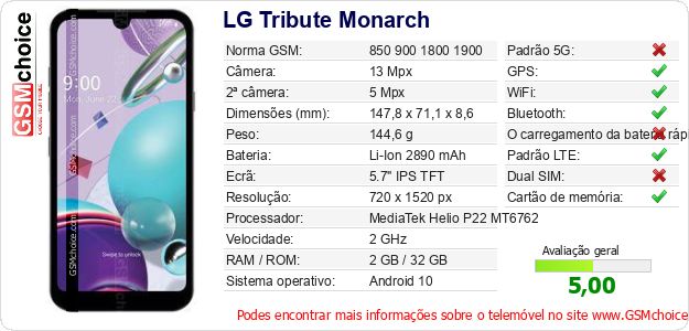 LG Tribute Monarch Especificações técnicas do telemóvel 