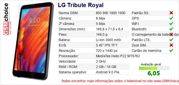 LG Tribute Royal Especificações técnicas do telemóvel LG Tribute Royal Especificações técnicas do telemóvel