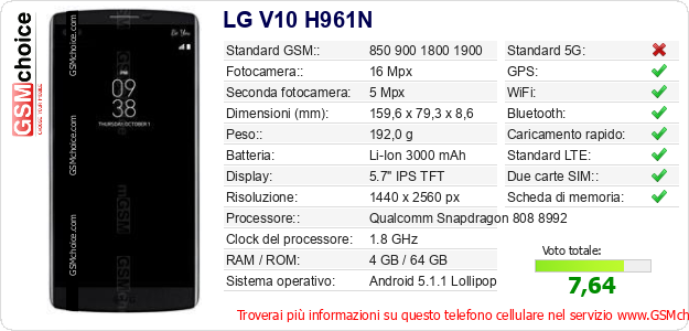 LG V10 H961N Dati tecnici di telefono cellulare 