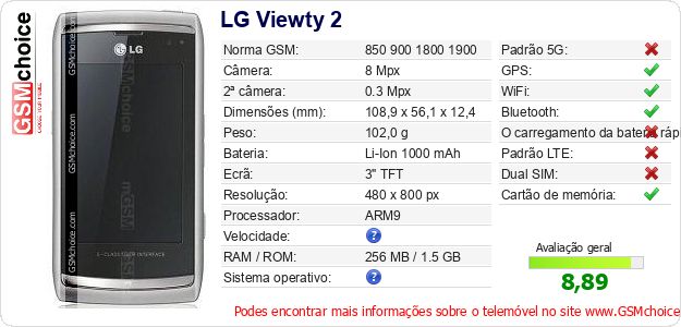 LG Viewty 2 Especificações técnicas do telemóvel 