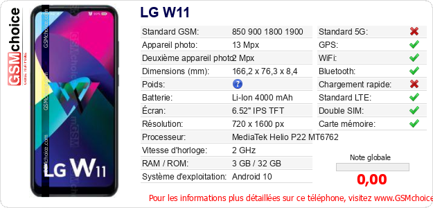 LG W11 Fiche technique