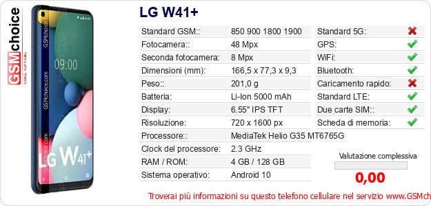 LG W41+ Dati tecnici di telefono cellulare LG W41+ Dati tecnici di telefono cellulare