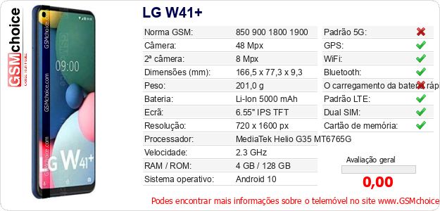 LG W41+ Especificações técnicas do telemóvel 