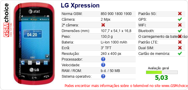 LG Xpression Especificações técnicas do telemóvel LG Xpression Especificações técnicas do telemóvel