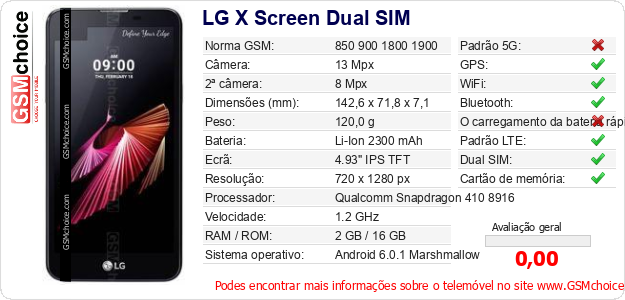LG X Screen Dual SIM Especificações técnicas do telemóvel 