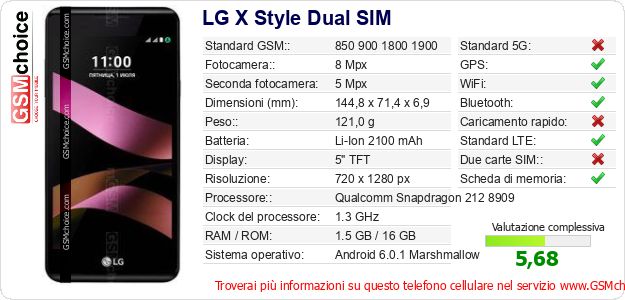 LG X Style Dual SIM Dati tecnici di telefono cellulare LG X Style Dual SIM Dati tecnici di telefono cellulare