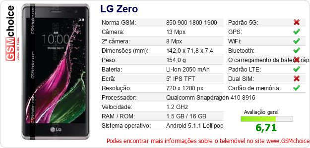 LG Zero Especificações técnicas do telemóvel 