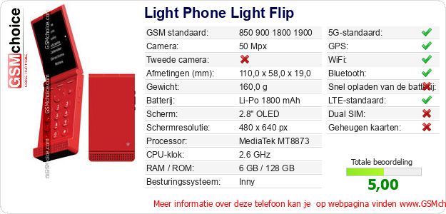 Light Phone Light Flip Technische gegevens Light Phone Light Flip Technische gegevens