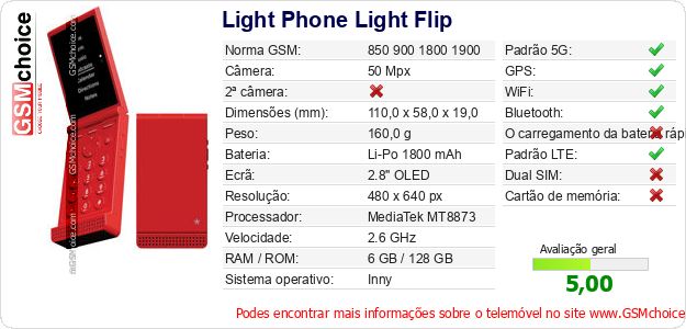 Light Phone Light Flip Especificações técnicas do telemóvel Light Phone Light Flip Especificações técnicas do telemóvel