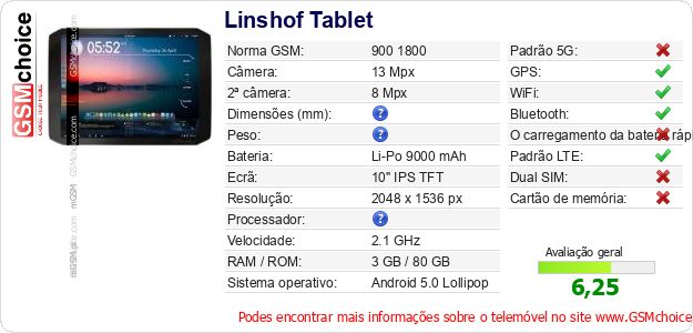 Linshof Tablet Especificações técnicas do telemóvel 