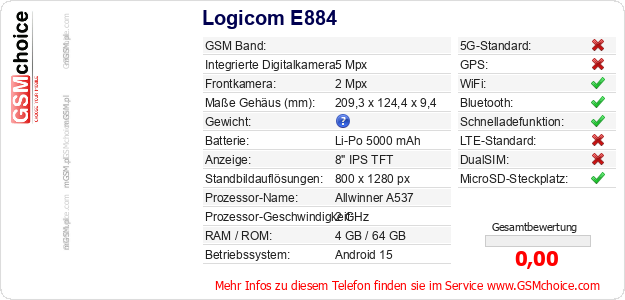 Logicom E884 technische Daten Logicom E884 technische Daten