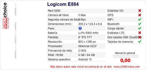 Logicom E884 Datos técnicos del móvil Logicom E884 Datos técnicos del móvil