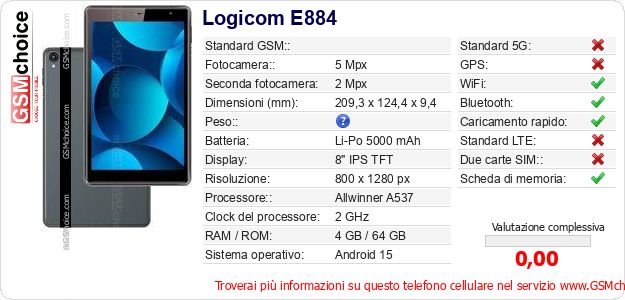 Logicom E884 Dati tecnici di telefono cellulare 