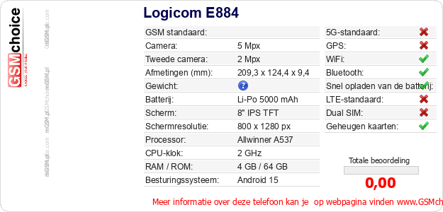 Logicom E884 Technische gegevens 