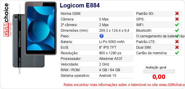 Logicom E884 Especificações técnicas do telemóvel Logicom E884 Especificações técnicas do telemóvel