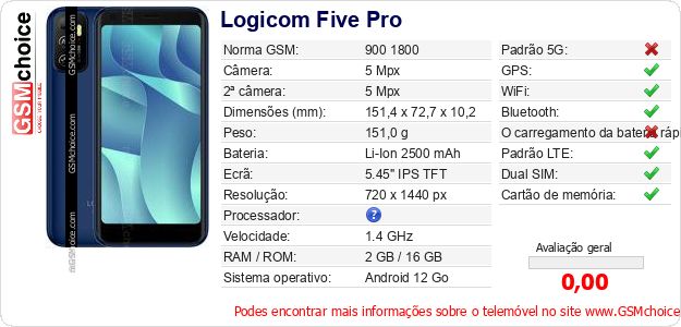 Logicom Five Pro Especificações técnicas do telemóvel 