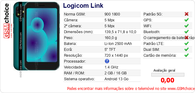 Logicom Link Especificações técnicas do telemóvel 