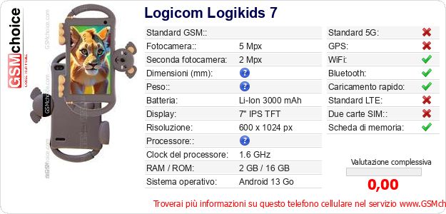 Logicom Logikids 7 Dati tecnici di telefono cellulare Logicom Logikids 7 Dati tecnici di telefono cellulare