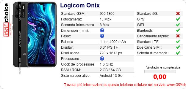 Logicom Onix Dati tecnici di telefono cellulare Logicom Onix Dati tecnici di telefono cellulare
