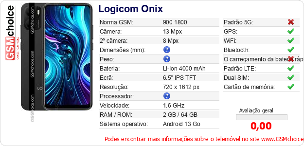 Logicom Onix Especificações técnicas do telemóvel 