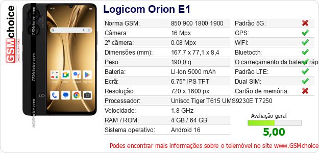 Logicom Orion E1 Especificações técnicas do telemóvel 