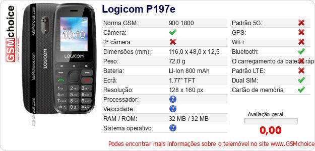 Logicom P197e Especificações técnicas do telemóvel Logicom P197e Especificações técnicas do telemóvel